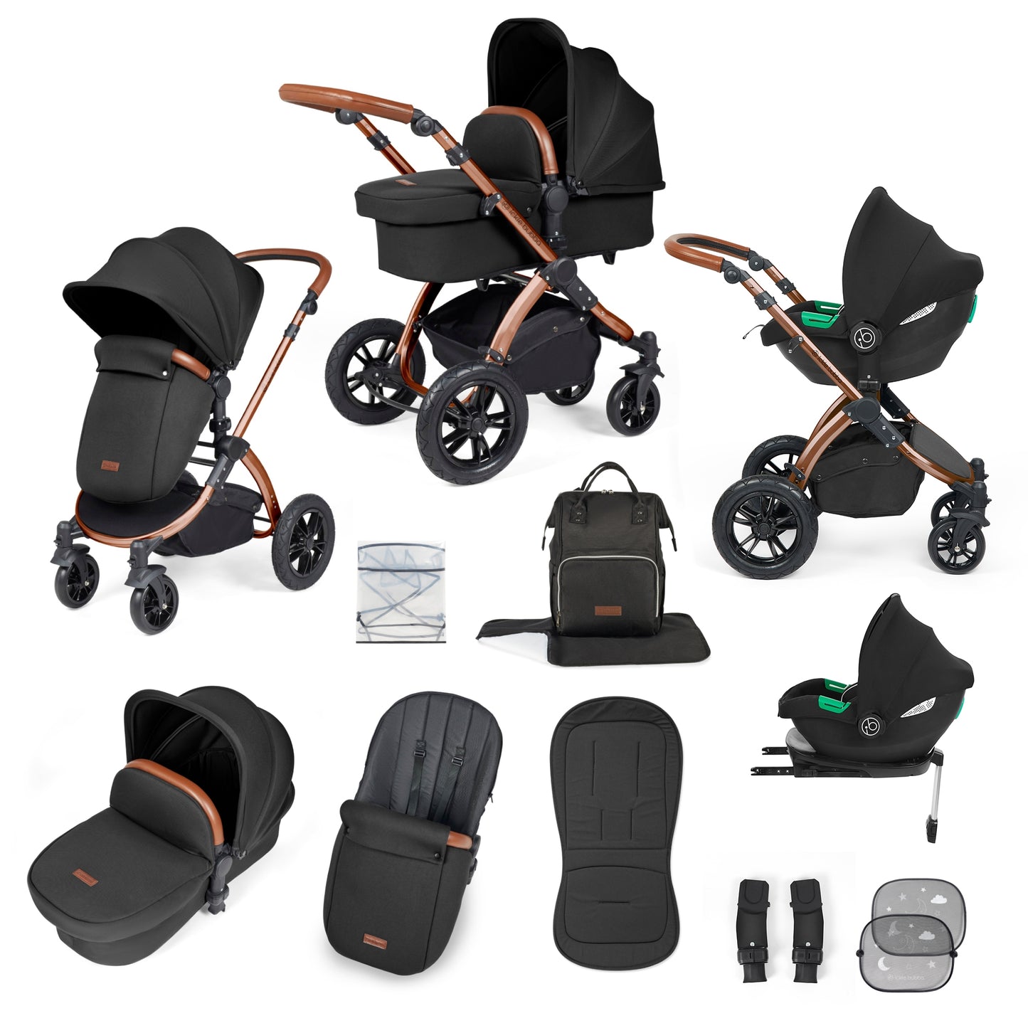 Ickle Bubba Stomp Luxe 12 Piece Travel System with i-Size Cirrus Car Seat & ISOFIX Base Midnight on Bronze