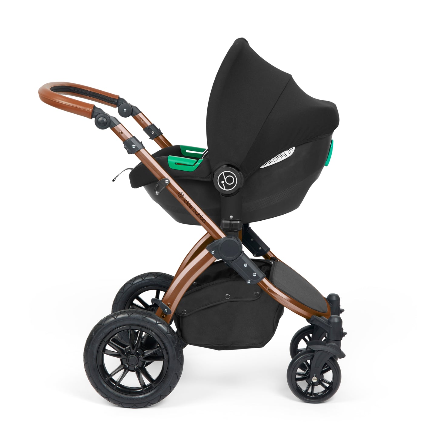 Ickle Bubba Stomp Luxe 12 Piece Travel System with i-Size Cirrus Car Seat & ISOFIX Base Woodland on Bronze