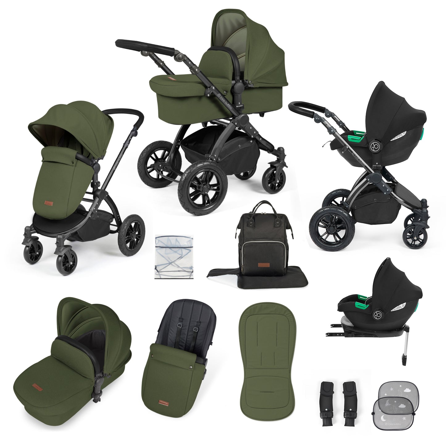 Ickle Bubba Stomp Luxe 12 Piece Travel System with i-Size Cirrus Car Seat & ISOFIX Base Woodland on Black