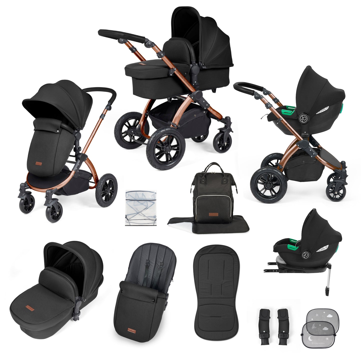 Ickle Bubba Stomp Luxe 12 Piece Travel System with i-Size Cirrus Car Seat & ISOFIX Base Midnight on Bronze