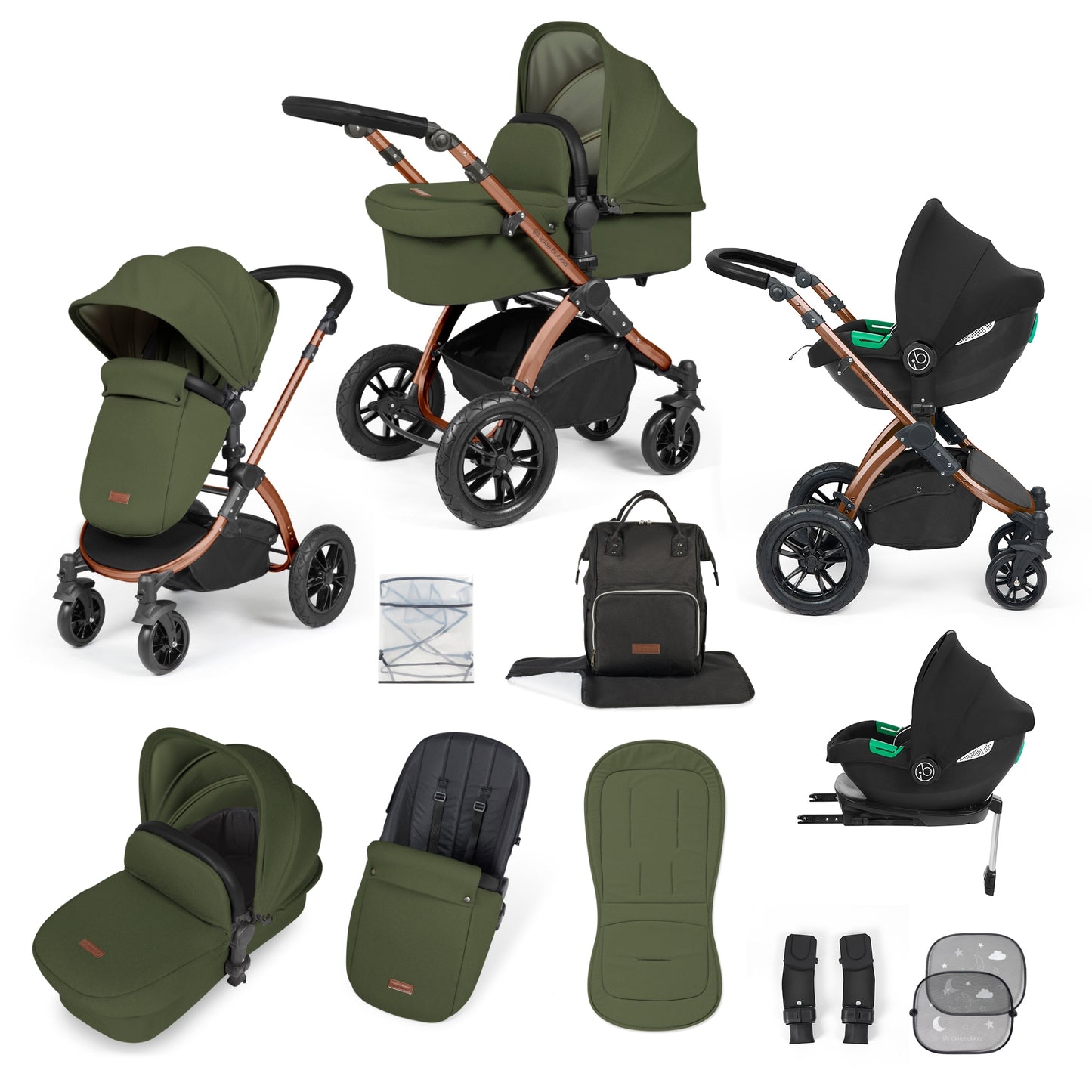 Ickle Bubba Stomp Luxe 12 Piece Travel System with i-Size Cirrus Car Seat & ISOFIX Base Woodland on Bronze