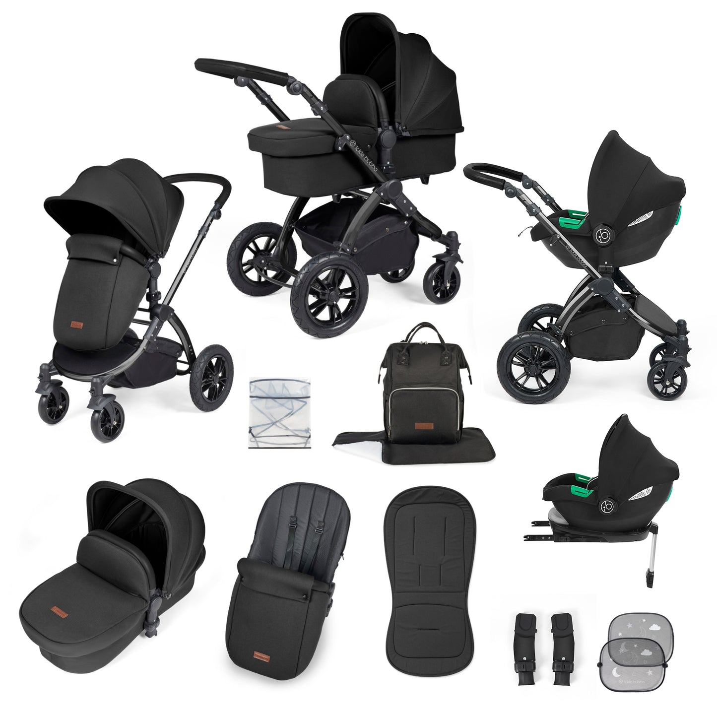 Ickle Bubba Stomp Luxe 12 Piece Travel System with i-Size Cirrus Car Seat & ISOFIX Base Midnight on Black