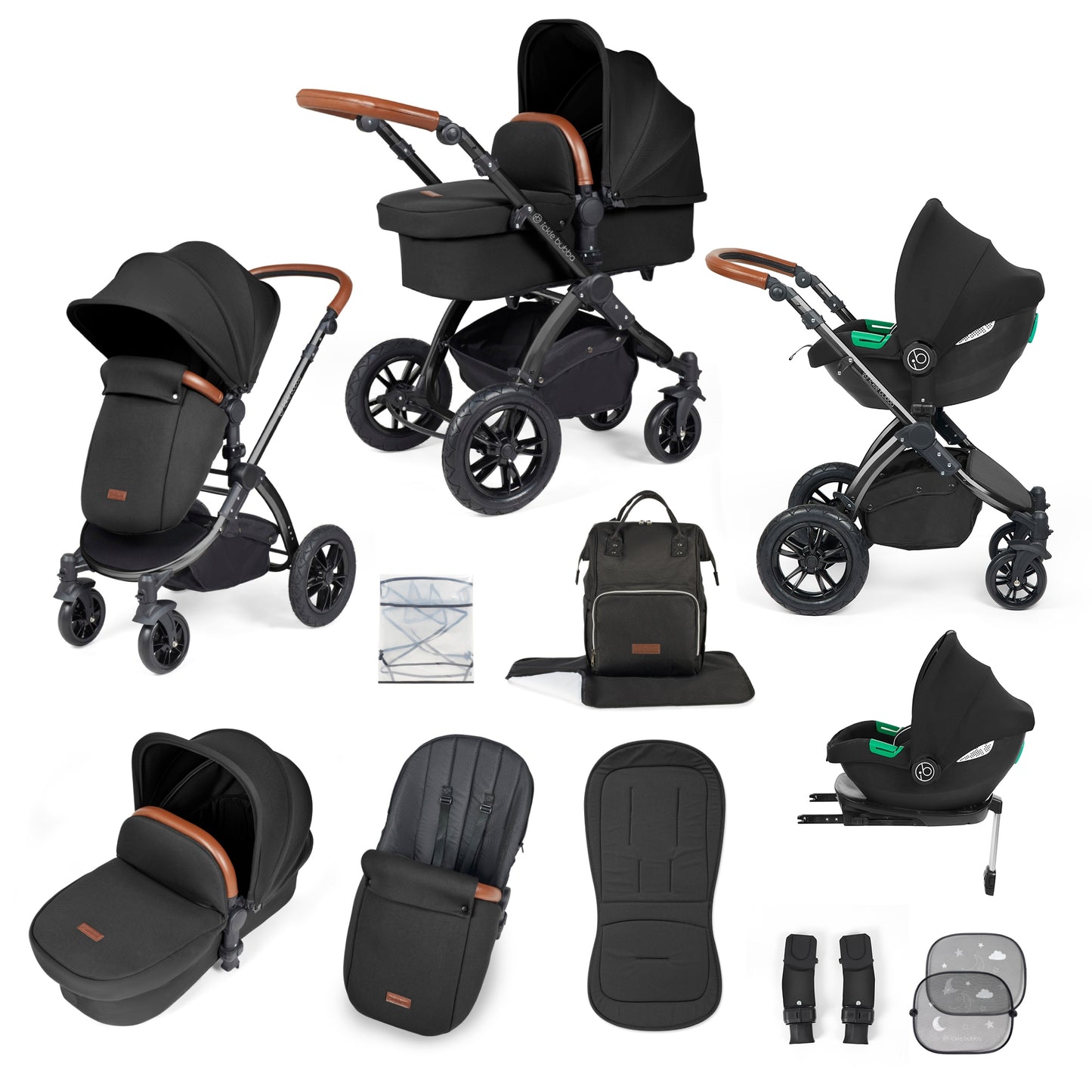 Ickle Bubba Stomp Luxe 12 Piece Travel System with i-Size Cirrus Car Seat & ISOFIX Base Midnight on Black
