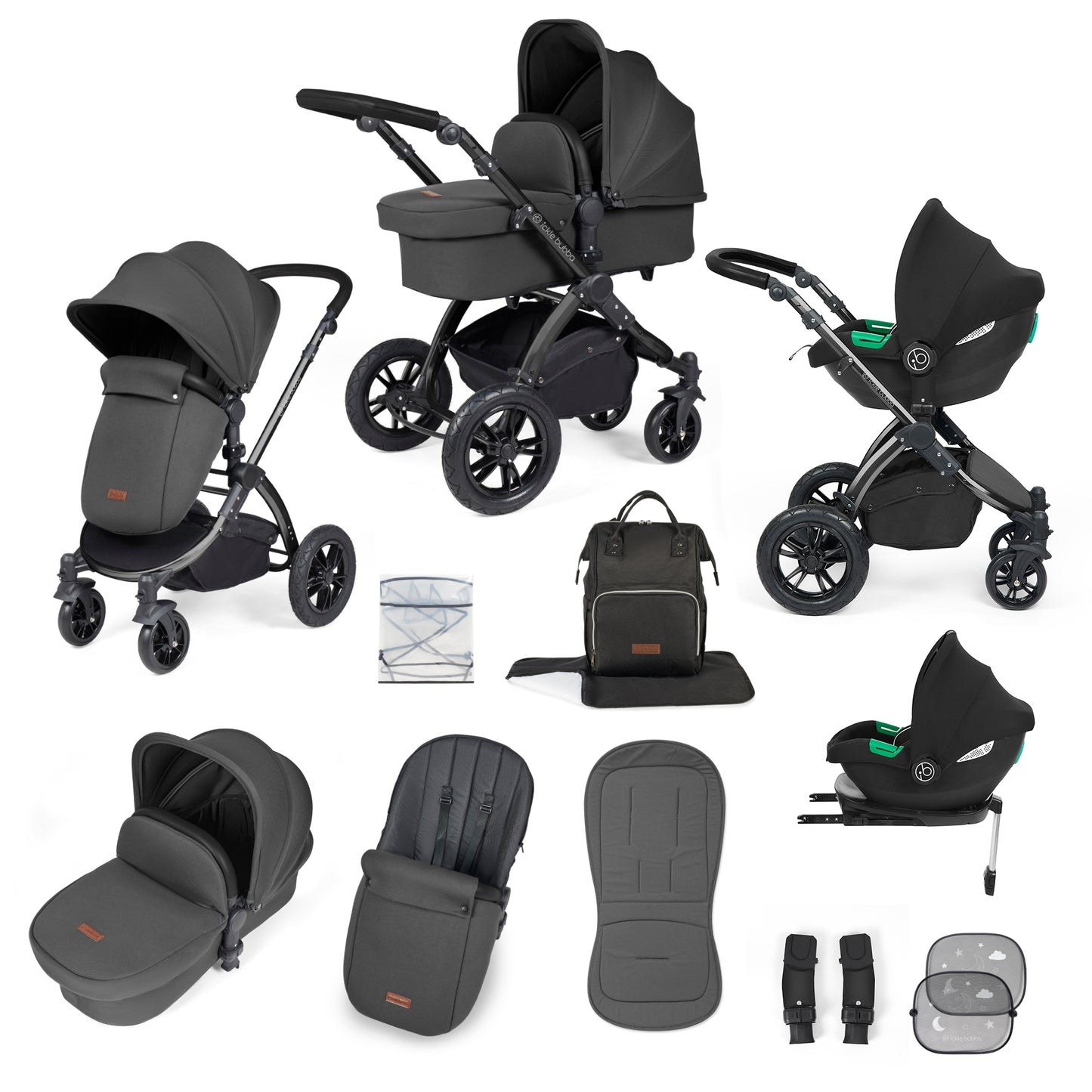 Ickle Bubba Stomp Luxe 12 Piece Travel System with i-Size Cirrus Car Seat & ISOFIX Base Charcoal on Black