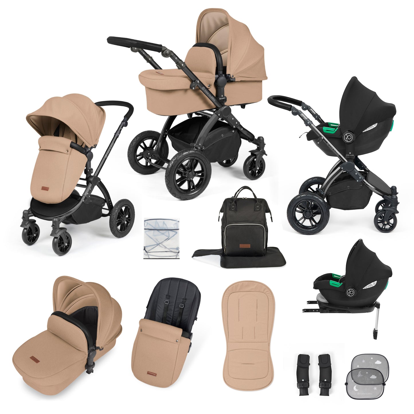 Ickle Bubba Stomp Luxe 12 Piece Travel System with i-Size Cirrus Car Seat & ISOFIX Base Desert on Black