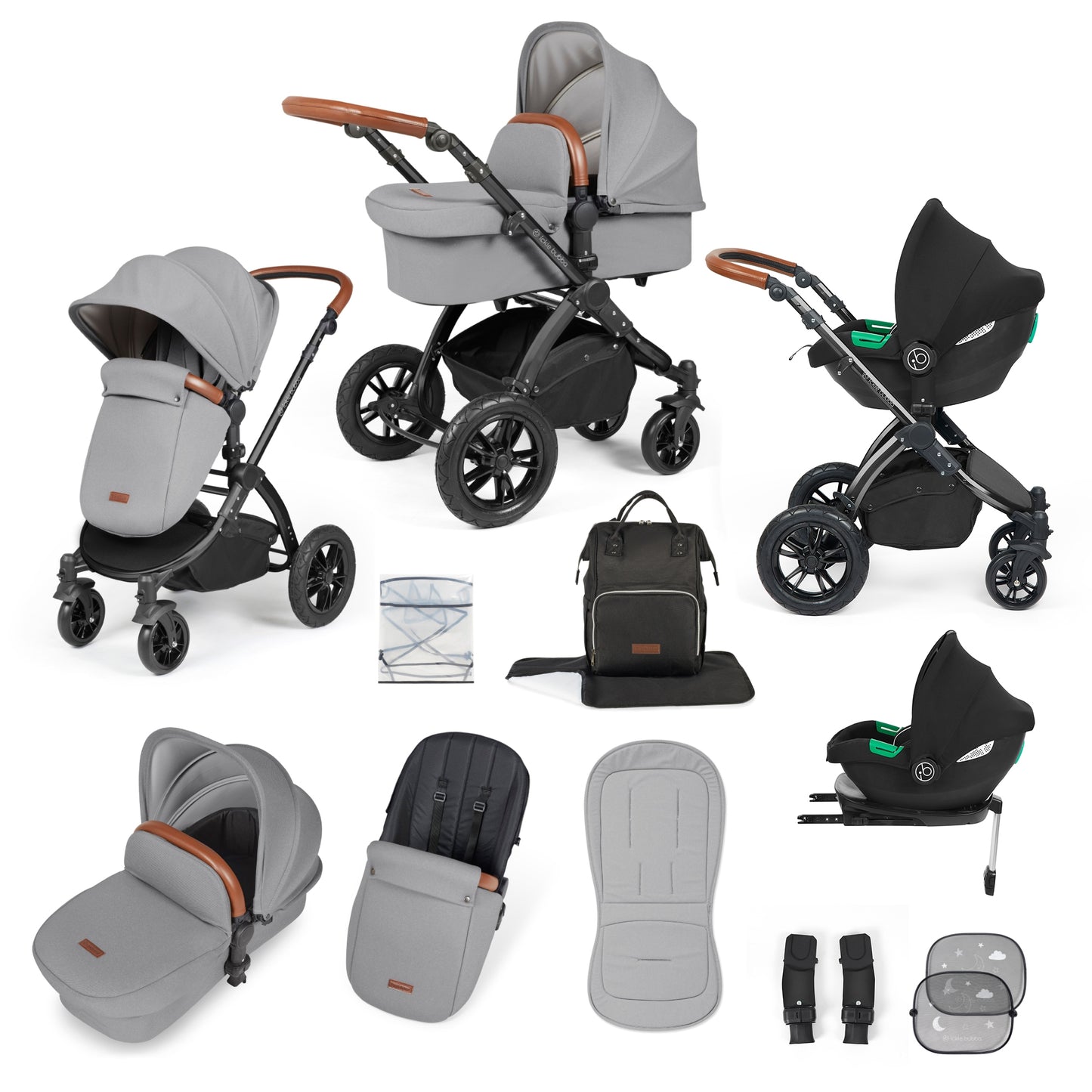 Ickle Bubba Stomp Luxe 12 Piece Travel System with i-Size Cirrus Car Seat & ISOFIX Base Pearl Grey on Black