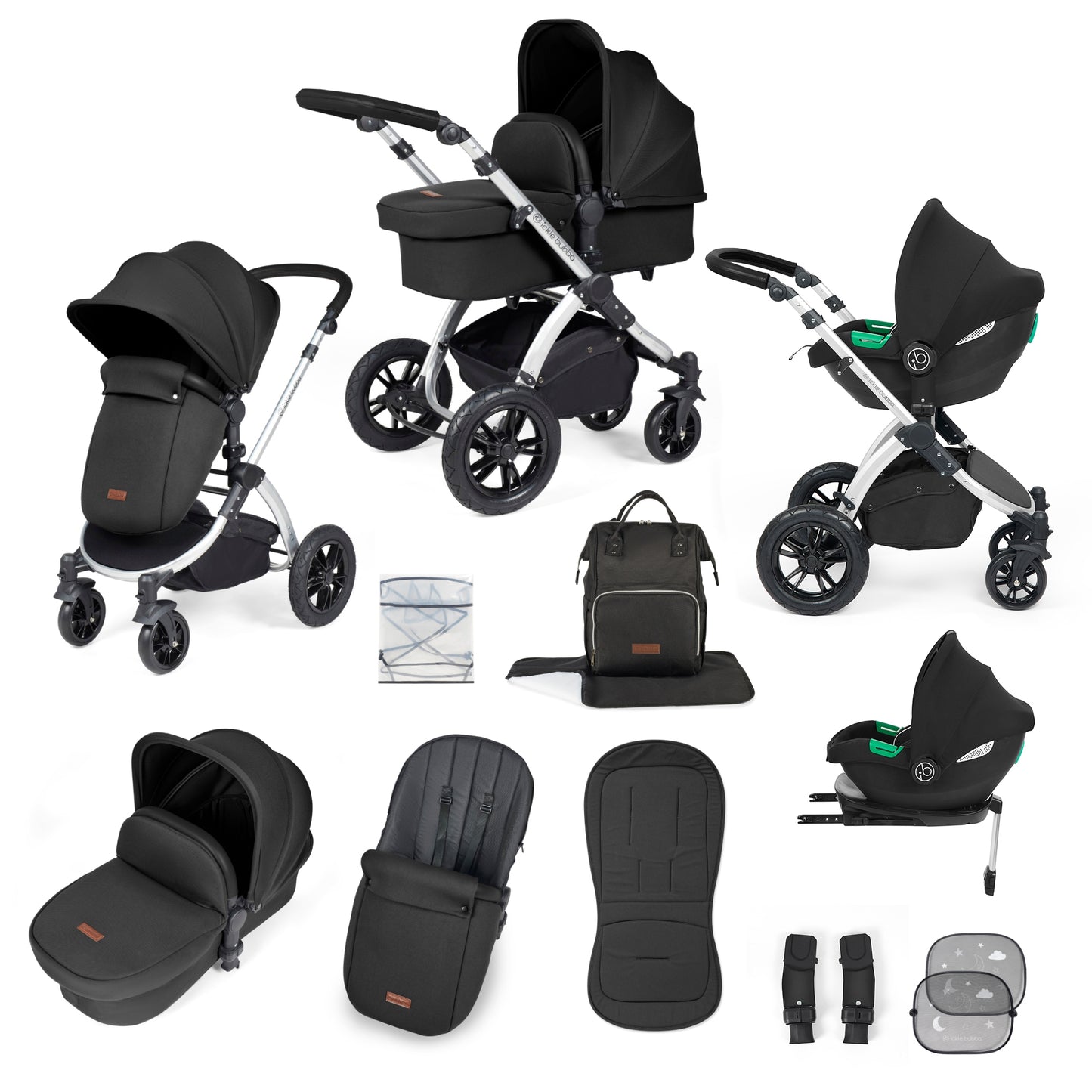 Ickle Bubba Stomp Luxe 12 Piece Travel System with i-Size Cirrus Car Seat & ISOFIX Base Midnight on Silver