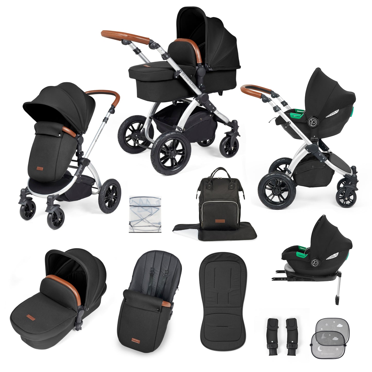 Ickle Bubba Stomp Luxe 12 Piece Travel System with i-Size Cirrus Car Seat & ISOFIX Base Midnight on Silver