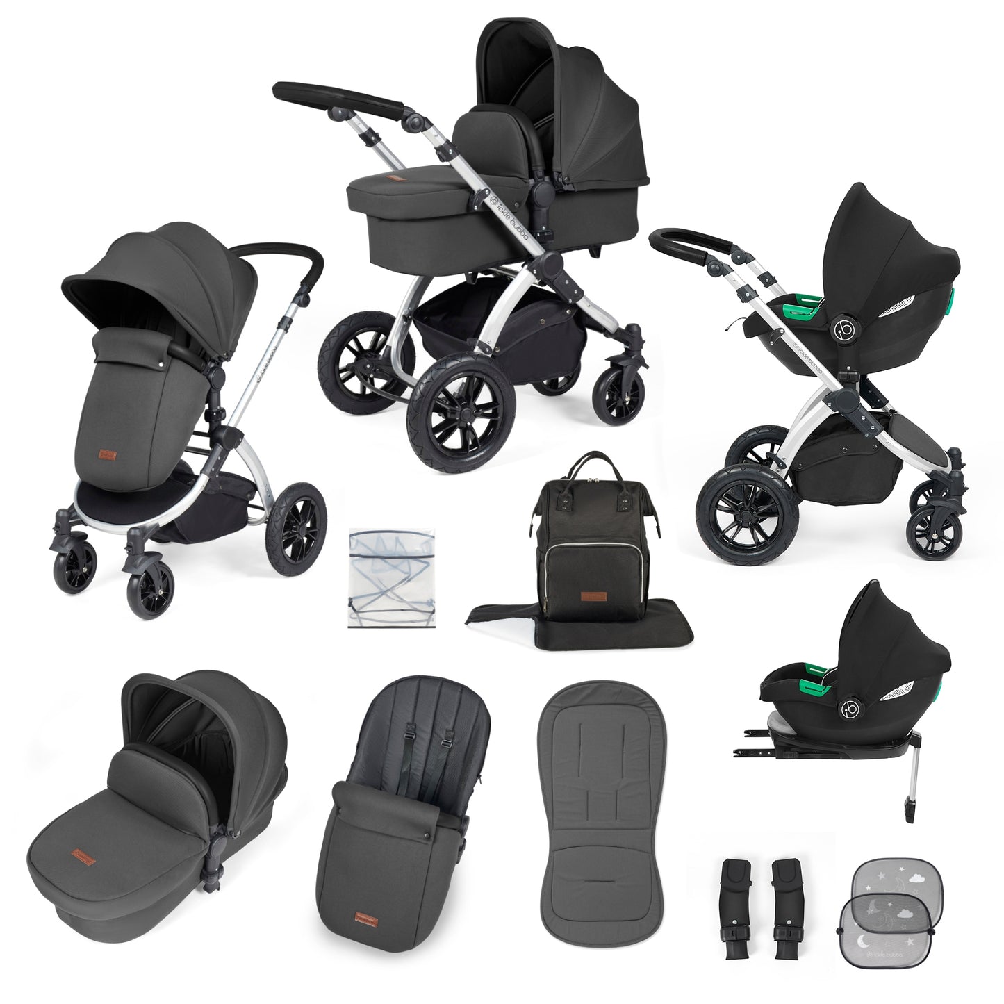 Ickle Bubba Stomp Luxe 12 Piece Travel System with i-Size Cirrus Car Seat & ISOFIX Base Charcoal Grey on Silver
