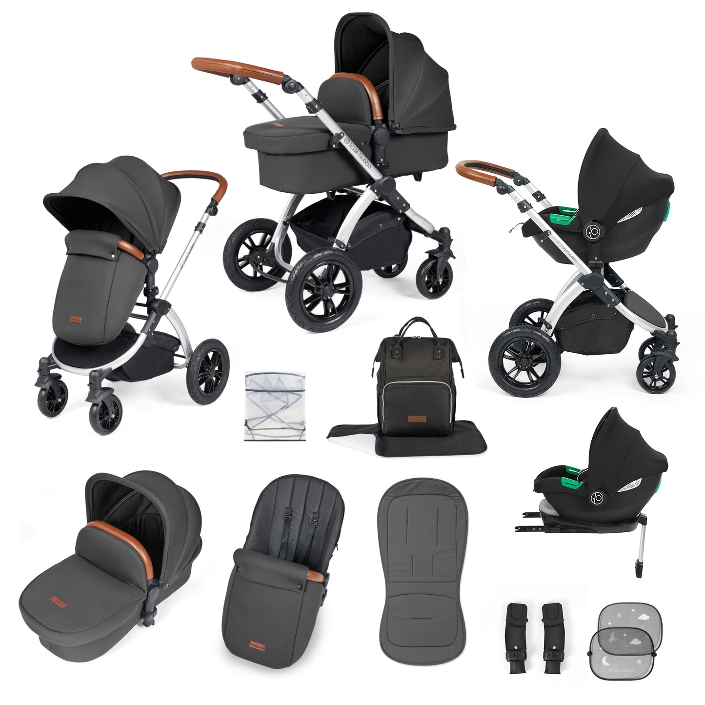 Ickle Bubba Stomp Luxe 12 Piece Travel System with i-Size Cirrus Car Seat & ISOFIX Base Charcoal Grey on Silver