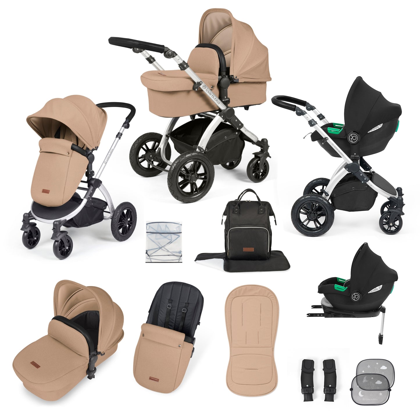 Ickle Bubba Stomp Luxe 12 Piece Travel System with i-Size Cirrus Car Seat & ISOFIX Base Desert on Silver