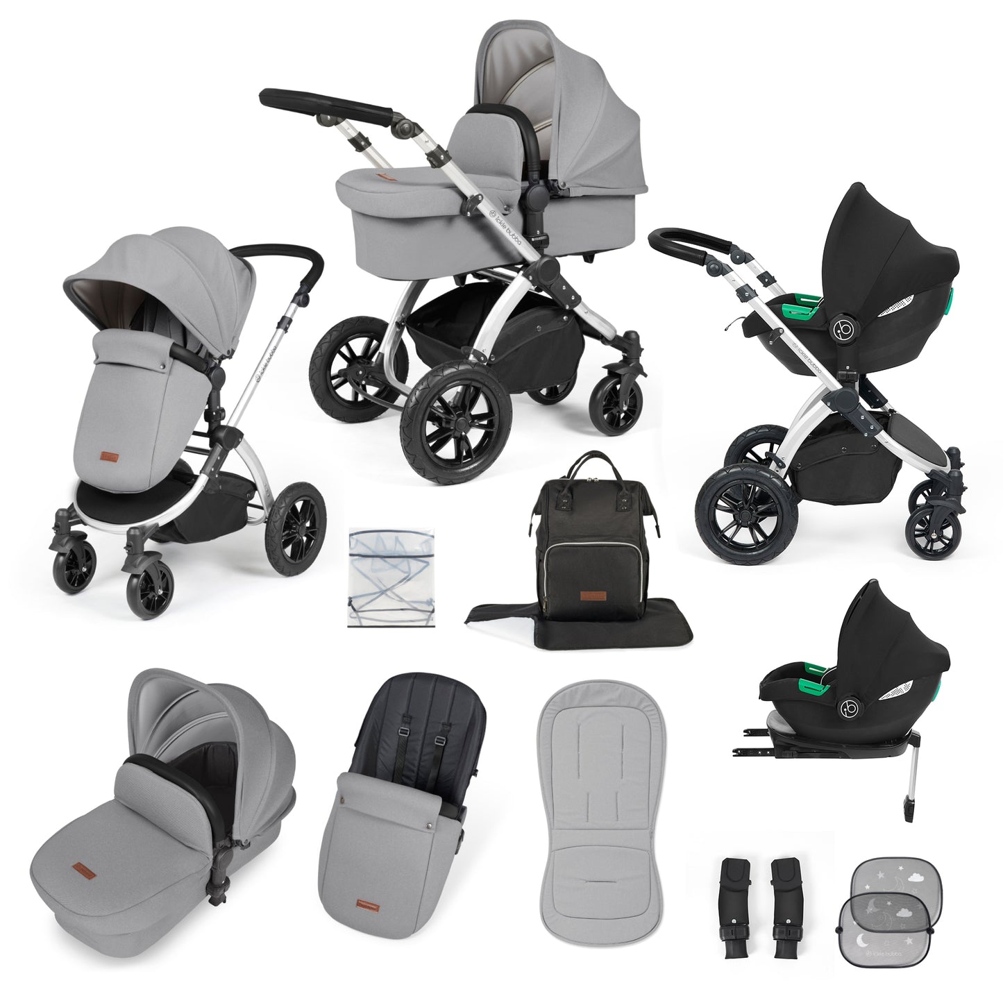 Ickle Bubba Stomp Luxe 12 Piece Travel System with i-Size Cirrus Car Seat & ISOFIX Base Pearl Grey on Silver