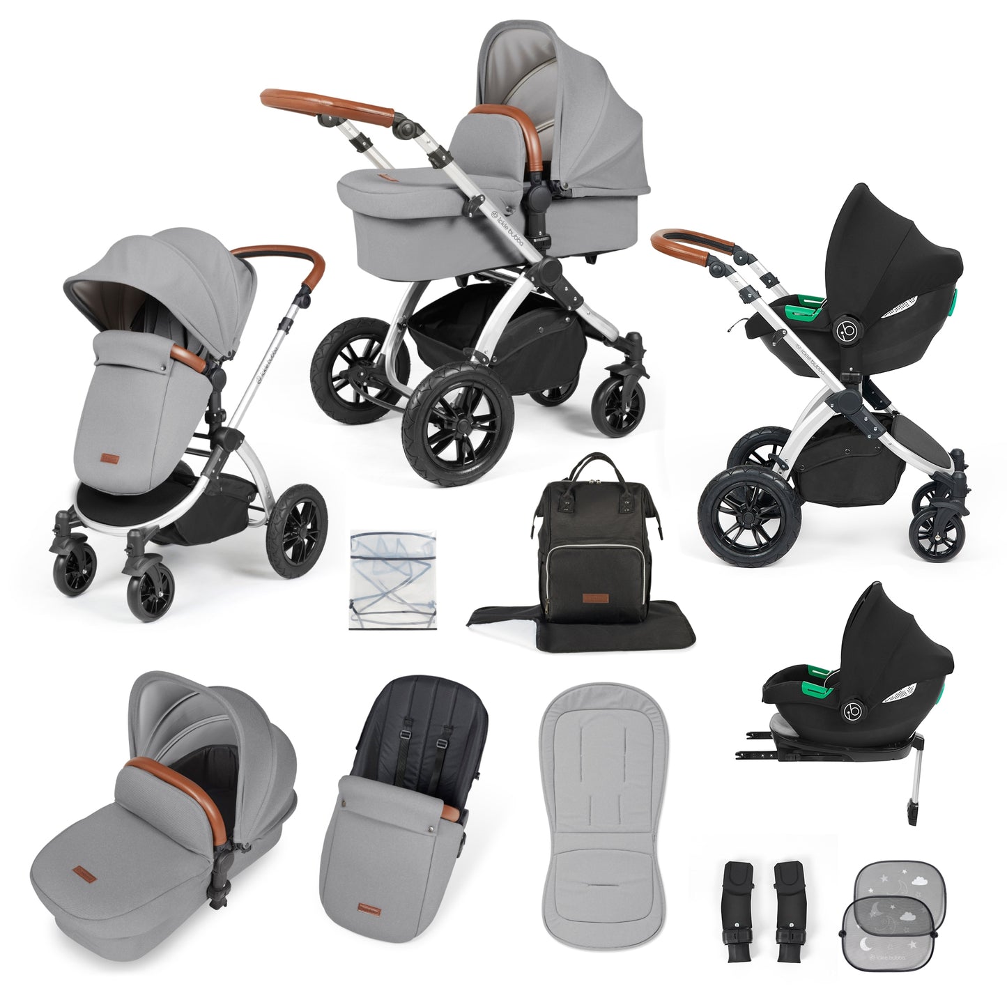 Ickle Bubba Stomp Luxe 12 Piece Travel System with i-Size Cirrus Car Seat & ISOFIX Base Pearl Grey on Silver