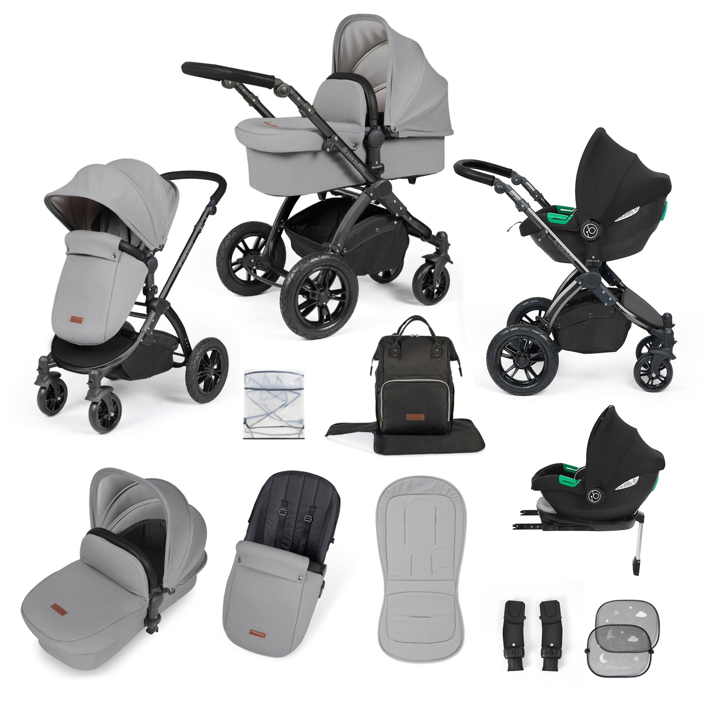 Ickle Bubba Stomp Luxe 12 Piece Travel System with i-Size Cirrus Car Seat & ISOFIX Base Pearl Grey on Black