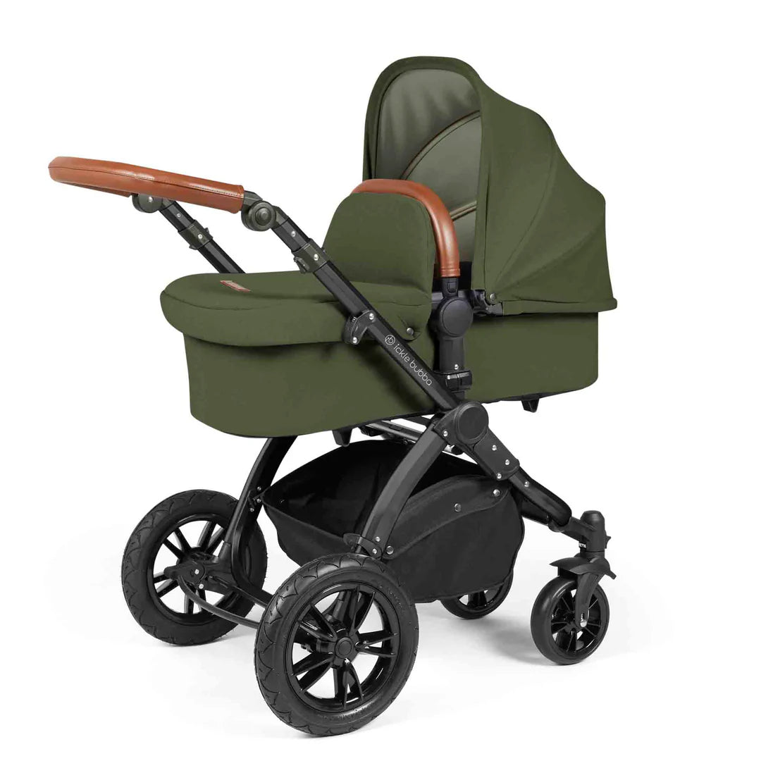 Ickle Bubba Stomp Luxe 12 Piece Travel System with i-Size Nimbus 180° Spin Car Seat & ISOFIX Base Woodland on Black