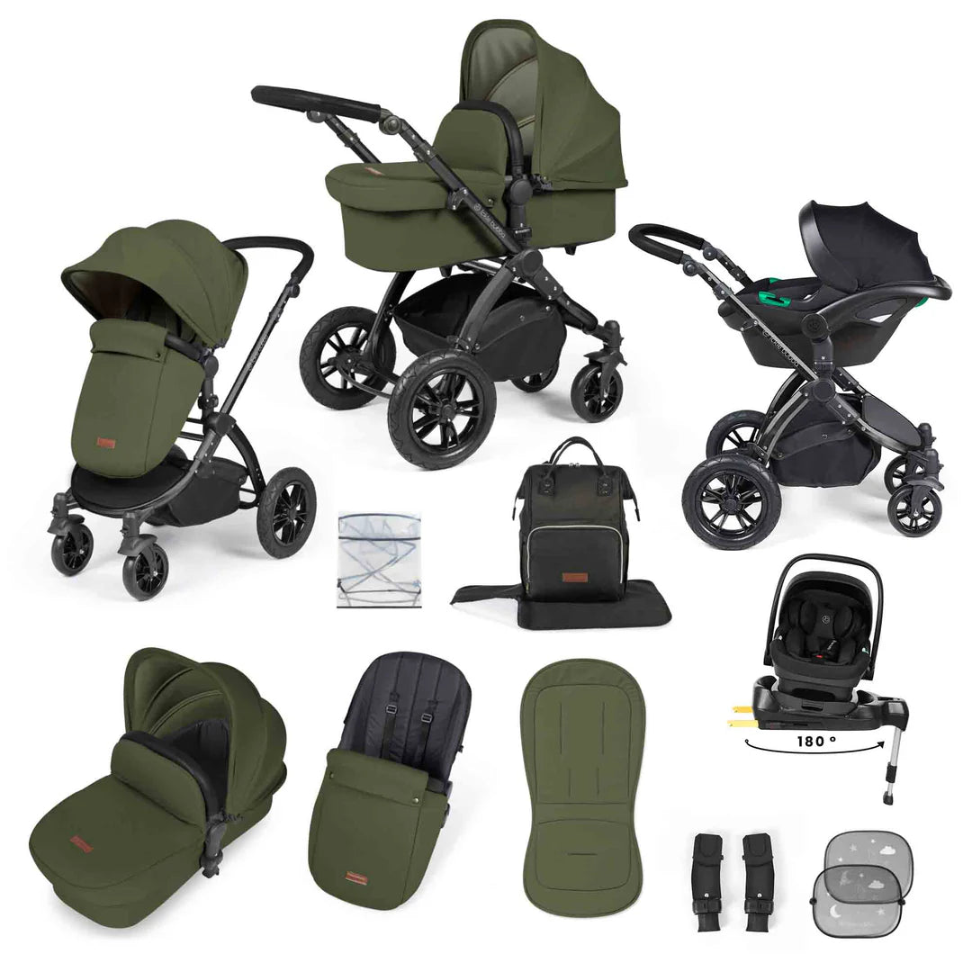Ickle Bubba Stomp Luxe 12 Piece Travel System with i-Size Nimbus 180° Spin Car Seat & ISOFIX Base Woodland on Black