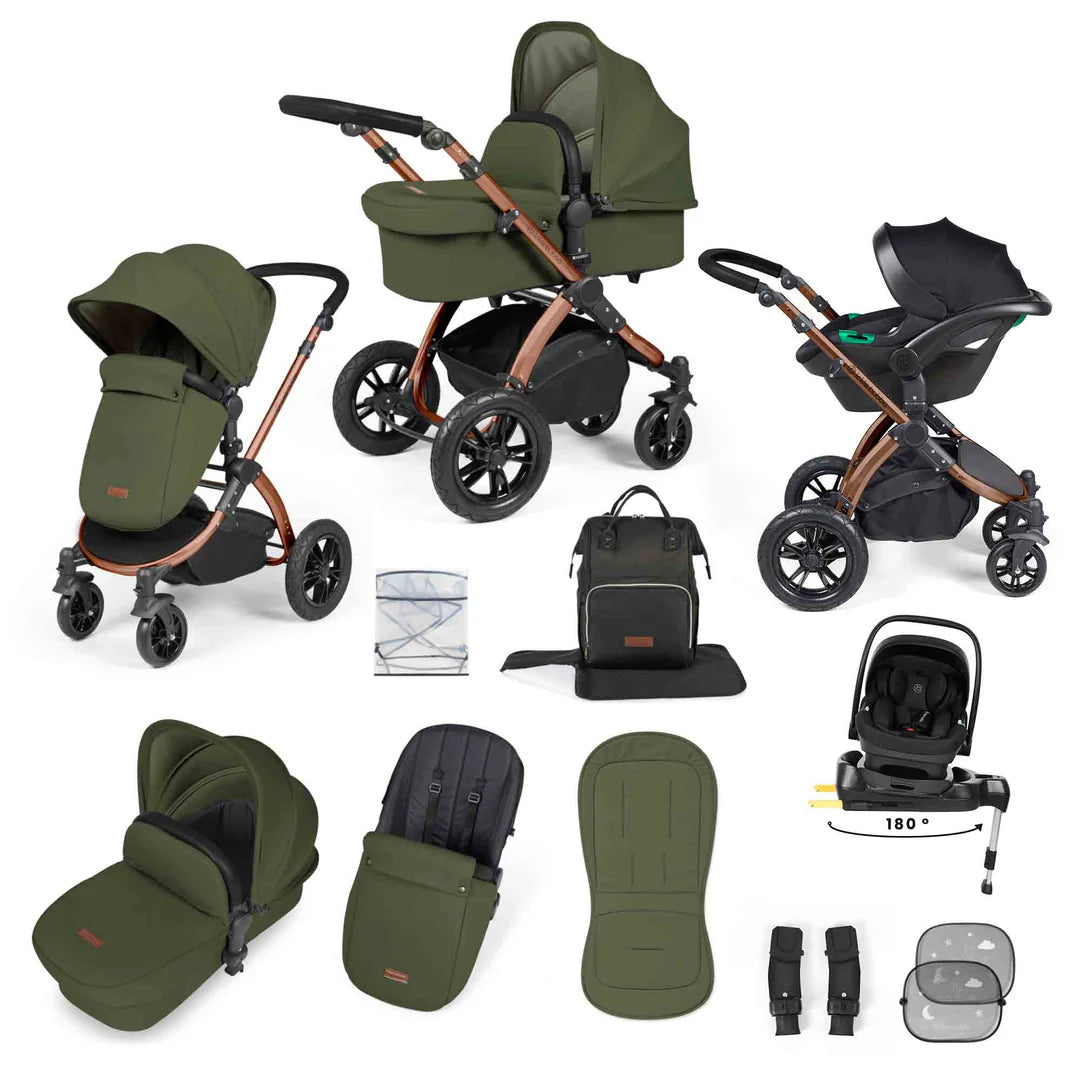 Ickle Bubba Stomp Luxe 12 Piece Travel System with i-Size Nimbus 180° Spin Car Seat & ISOFIX Base Woodland on Bronze