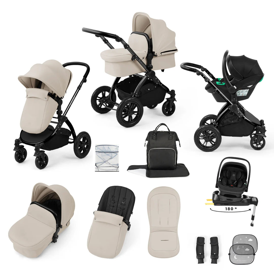 Ickle Bubba Stomp Luxe 12 Piece Travel System with i-Size Nimbus 180° Spin Car Seat & ISOFIX Base Stone on Black