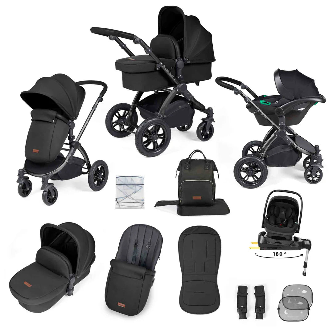 Ickle Bubba Stomp Luxe 12 Piece Travel System with i-Size Nimbus 180° Spin Car Seat & ISOFIX Base Midnight on Black