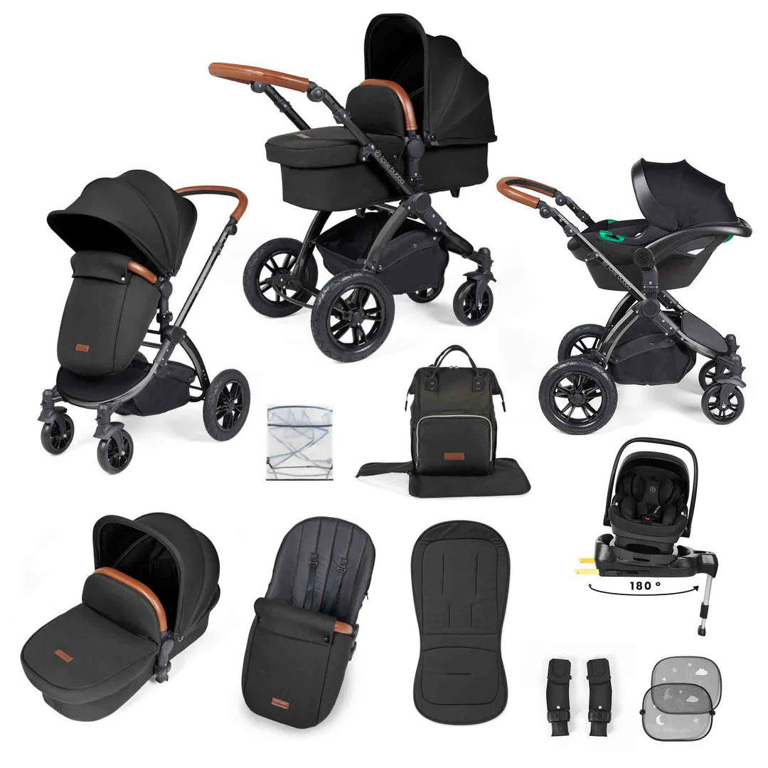 Ickle Bubba Stomp Luxe 12 Piece Travel System with i-Size Nimbus 180° Spin Car Seat & ISOFIX Base Midnight on Black