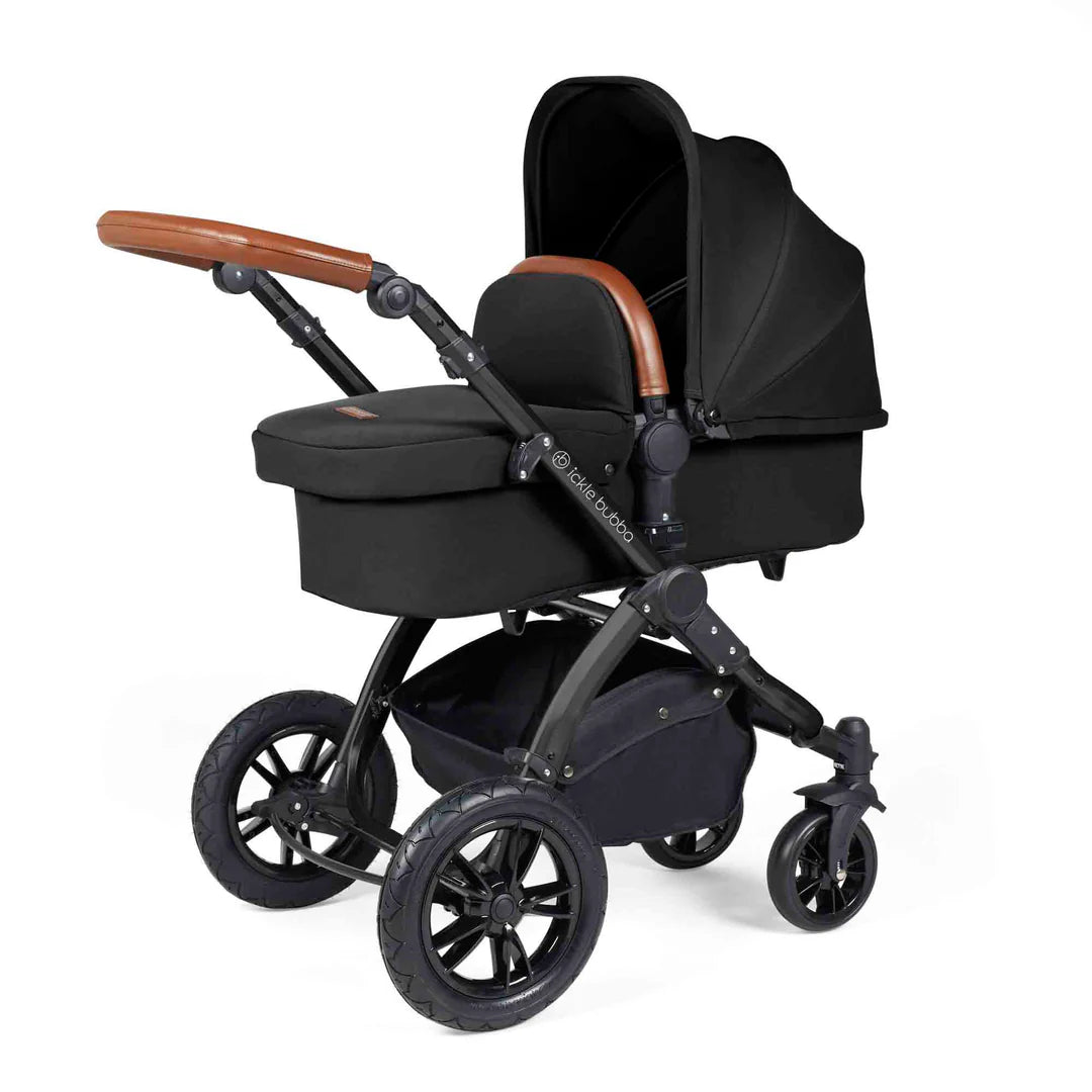 Ickle Bubba Stomp Luxe 12 Piece Travel System with i-Size Nimbus 180° Spin Car Seat & ISOFIX Base Midnight on Black