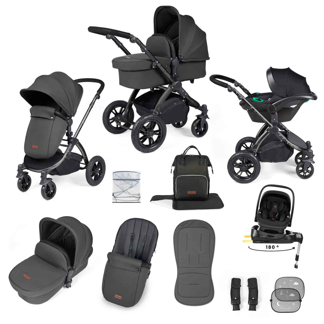 Ickle Bubba Stomp Luxe 12 Piece Travel System with i-Size Nimbus 180° Spin Car Seat & ISOFIX Base Charcoal Grey on Black
