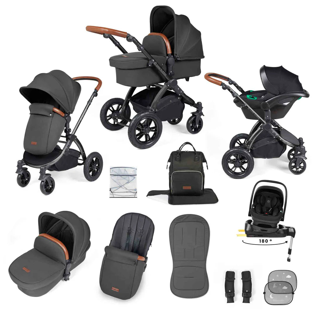 Ickle Bubba Stomp Luxe 12 Piece Travel System with i-Size Nimbus 180° Spin Car Seat & ISOFIX Base Charcoal Grey on Black