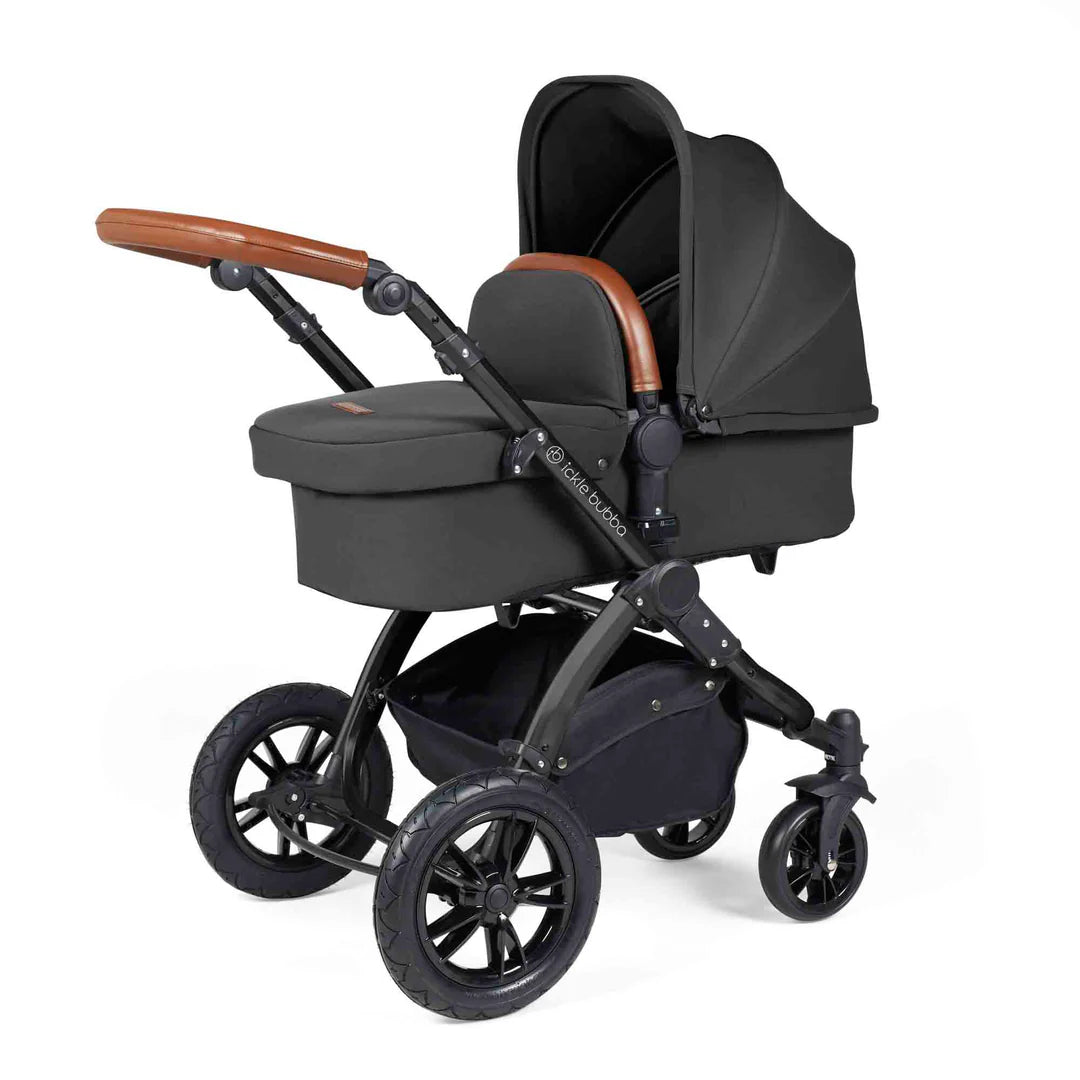 Ickle Bubba Stomp Luxe 12 Piece Travel System with i-Size Nimbus 180° Spin Car Seat & ISOFIX Base Charcoal Grey on Black