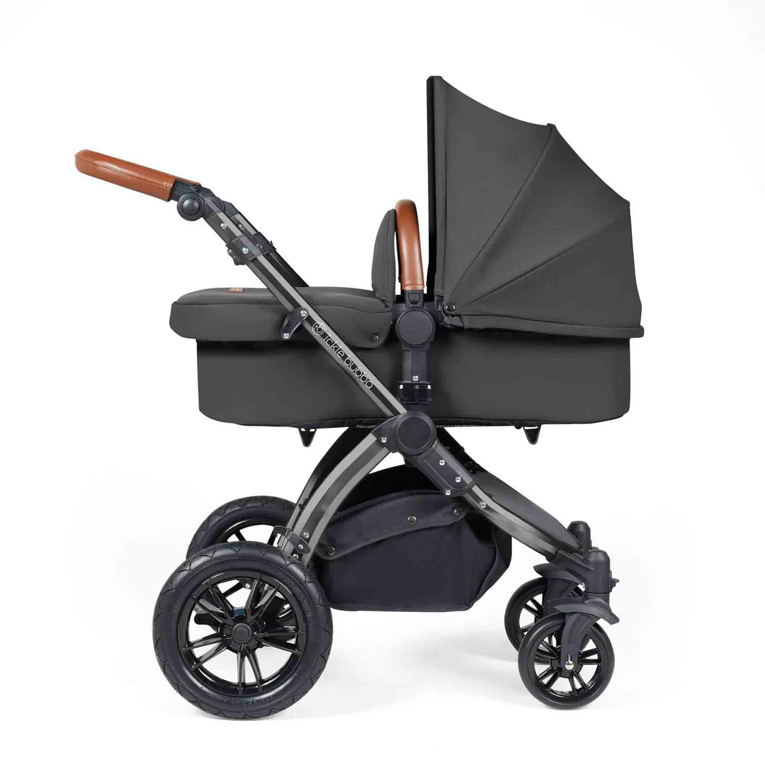 Ickle Bubba Stomp Luxe 12 Piece Travel System with i-Size Nimbus 180° Spin Car Seat & ISOFIX Base Charcoal Grey on Black