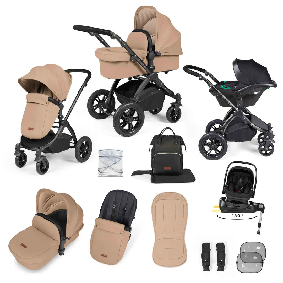 Ickle Bubba Stomp Luxe 12 Piece Travel System with i-Size Nimbus 180° Spin Car Seat & ISOFIX Base Desert on Black