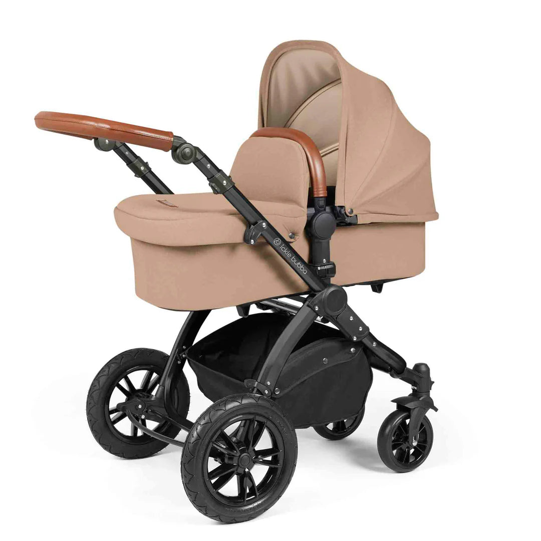 Ickle Bubba Stomp Luxe 12 Piece Travel System with i-Size Nimbus 180° Spin Car Seat & ISOFIX Base Desert on Black