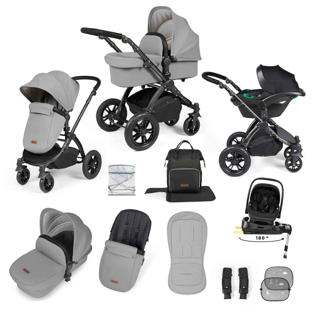 Ickle Bubba Stomp Luxe 12 Piece Travel System with i-Size Nimbus 180° Spin Car Seat & ISOFIX Base Pearl Grey on Black