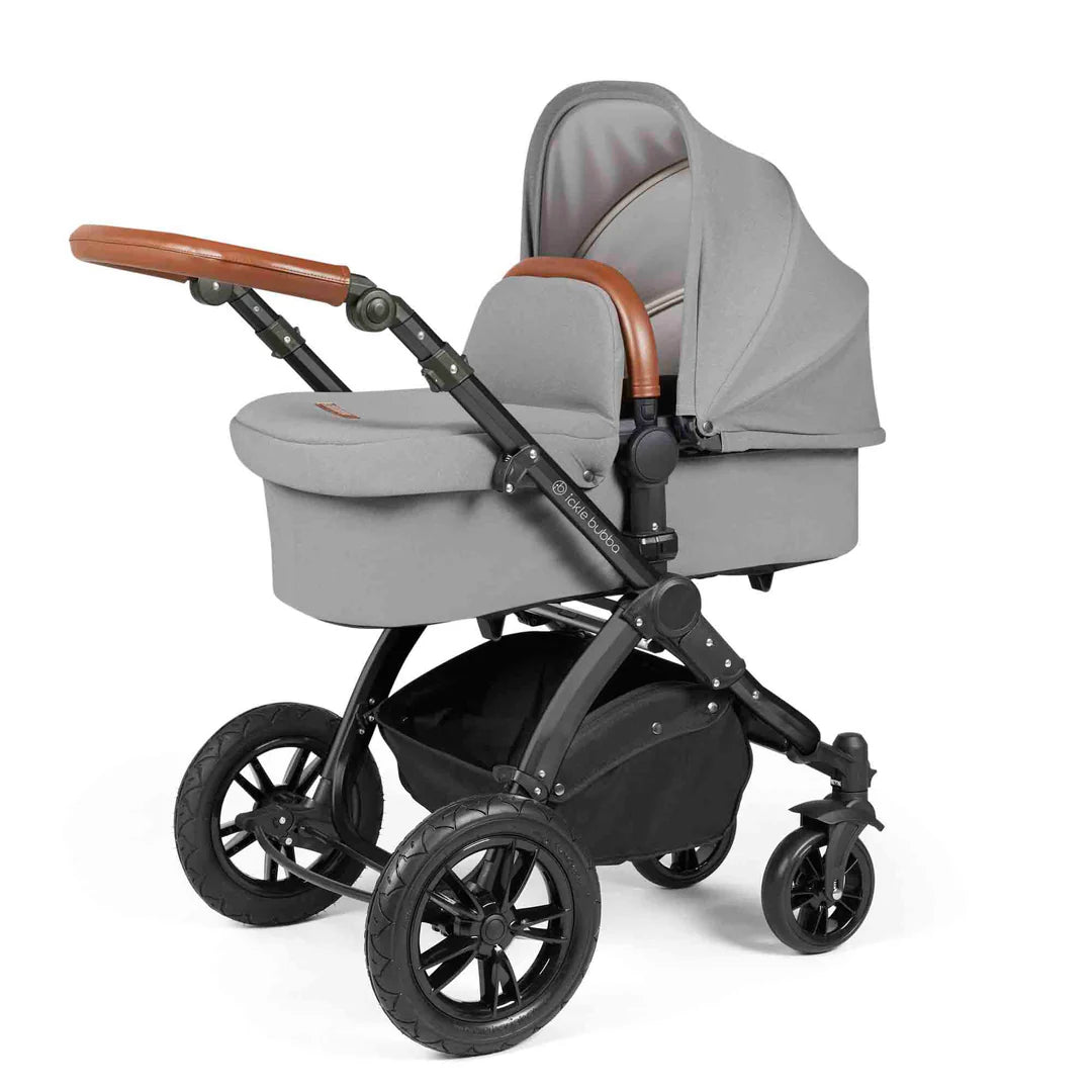 Ickle Bubba Stomp Luxe 12 Piece Travel System with i-Size Nimbus 180° Spin Car Seat & ISOFIX Base Pearl Grey on Black