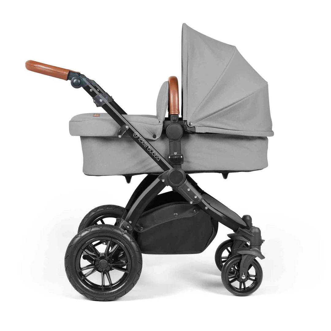 Ickle Bubba Stomp Luxe 12 Piece Travel System with i-Size Nimbus 180° Spin Car Seat & ISOFIX Base Pearl Grey on Black