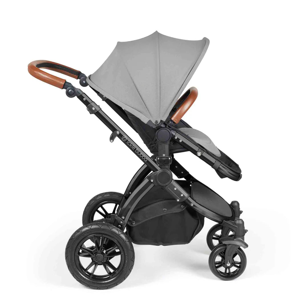 Ickle Bubba Stomp Luxe 12 Piece Travel System with i-Size Nimbus 180° Spin Car Seat & ISOFIX Base Pearl Grey on Black