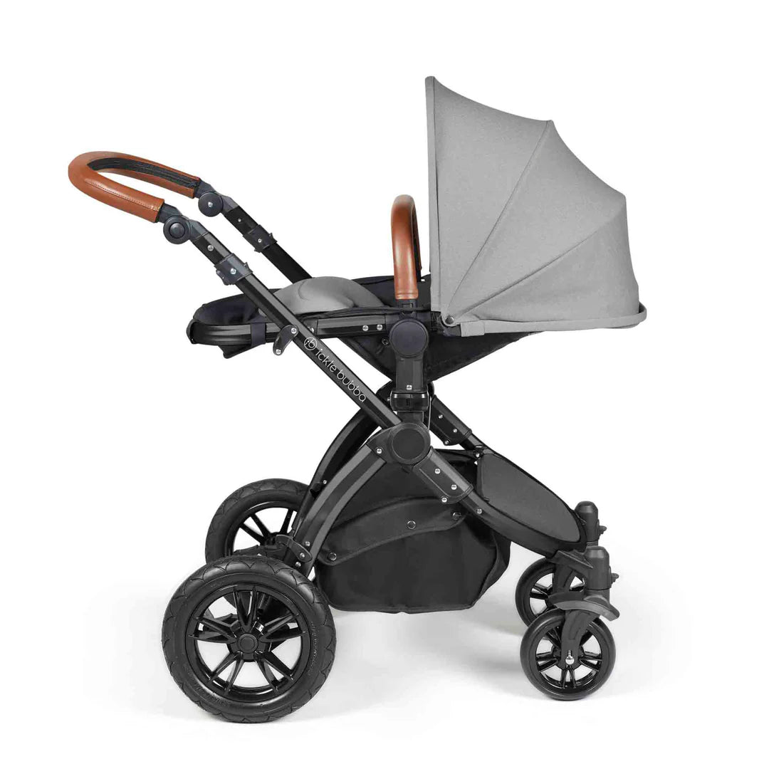 Ickle Bubba Stomp Luxe 12 Piece Travel System with i-Size Nimbus 180° Spin Car Seat & ISOFIX Base Pearl Grey on Black