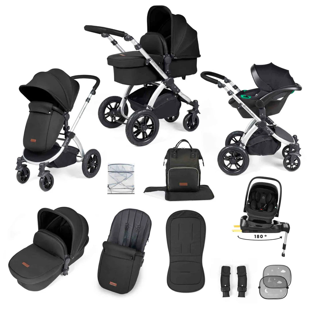 Ickle Bubba Stomp Luxe 12 Piece Travel System with i-Size Nimbus 180° Spin Car Seat & ISOFIX Base Midnight on Silver