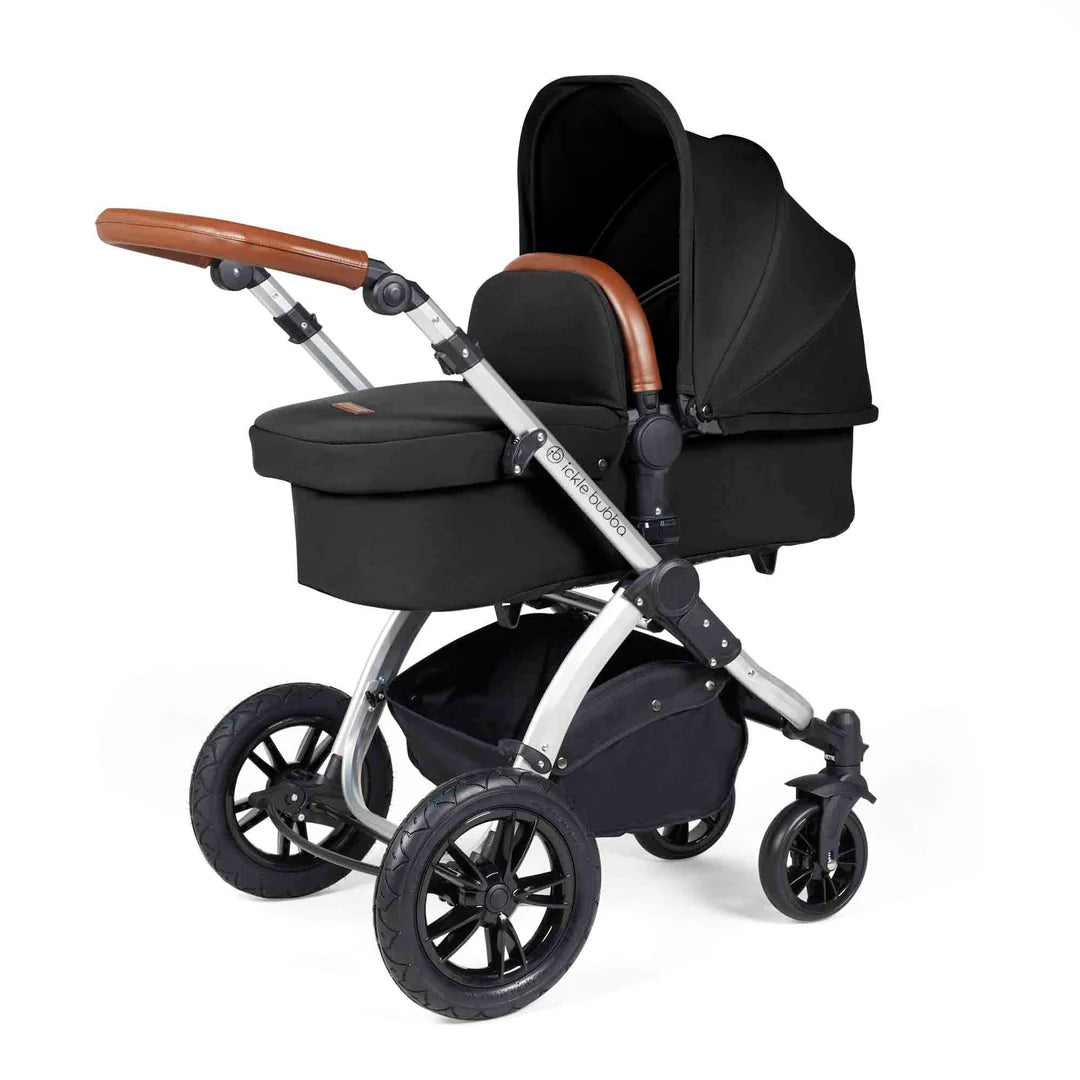 Ickle Bubba Stomp Luxe 12 Piece Travel System with i-Size Nimbus 180° Spin Car Seat & ISOFIX Base Midnight on Silver