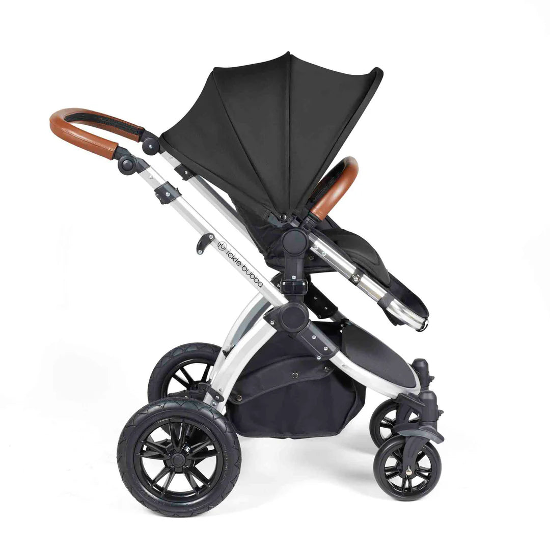 Ickle Bubba Stomp Luxe 12 Piece Travel System with i-Size Nimbus 180° Spin Car Seat & ISOFIX Base Midnight on Silver