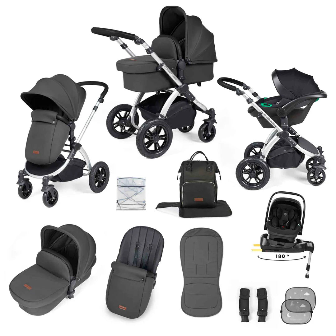 Ickle Bubba Stomp Luxe 12 Piece Travel System with i-Size Nimbus 180° Spin Car Seat & ISOFIX Base Charcoal Grey on Silver