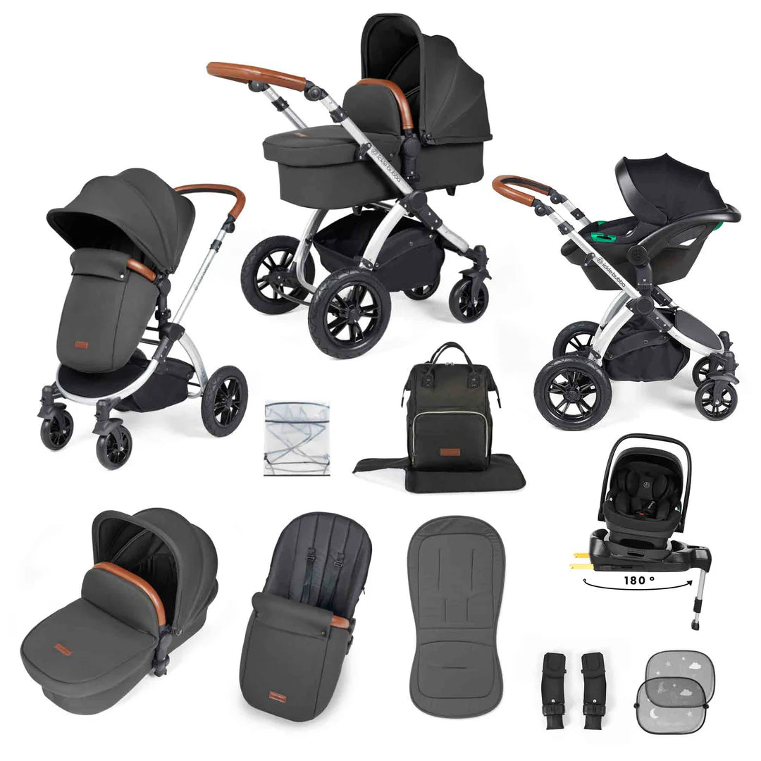Ickle Bubba Stomp Luxe 12 Piece Travel System with i-Size Nimbus 180° Spin Car Seat & ISOFIX Base Charcoal Grey on Silver