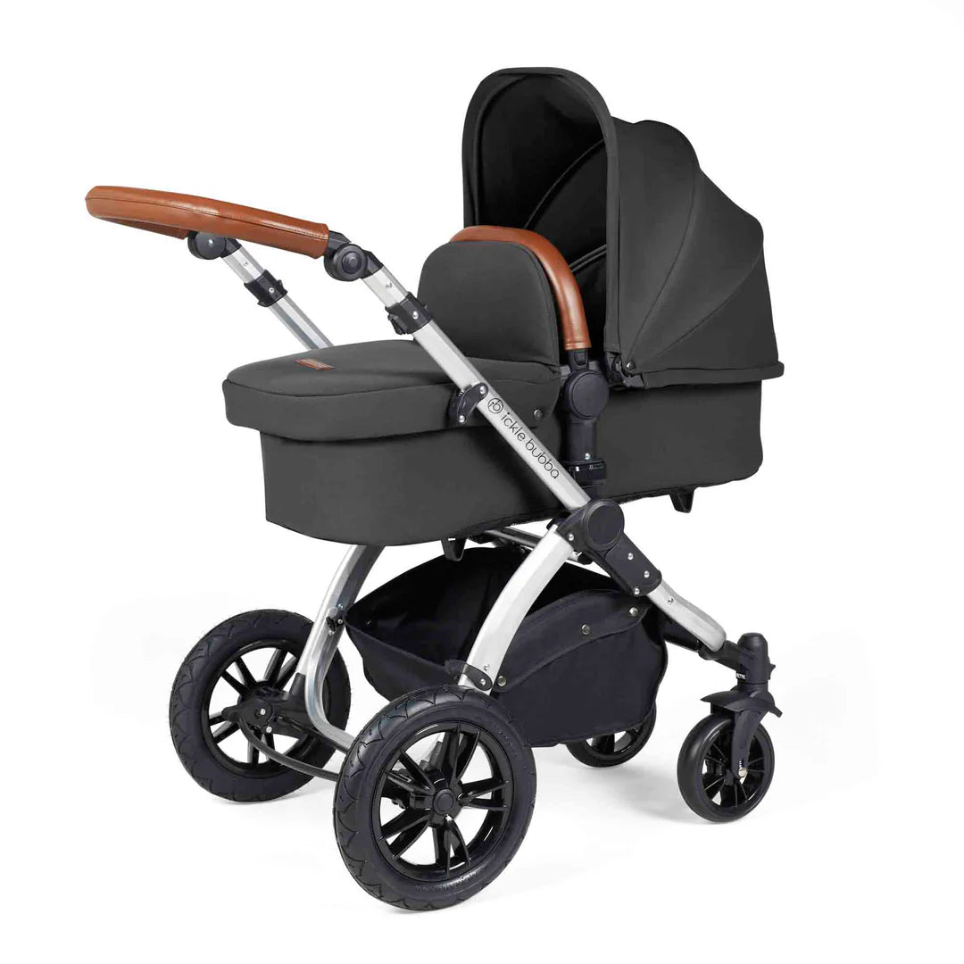 Ickle Bubba Stomp Luxe 12 Piece Travel System with i-Size Nimbus 180° Spin Car Seat & ISOFIX Base Charcoal Grey on Silver