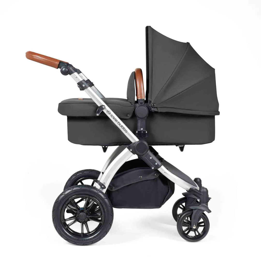 Ickle Bubba Stomp Luxe 12 Piece Travel System with i-Size Nimbus 180° Spin Car Seat & ISOFIX Base Charcoal Grey on Silver