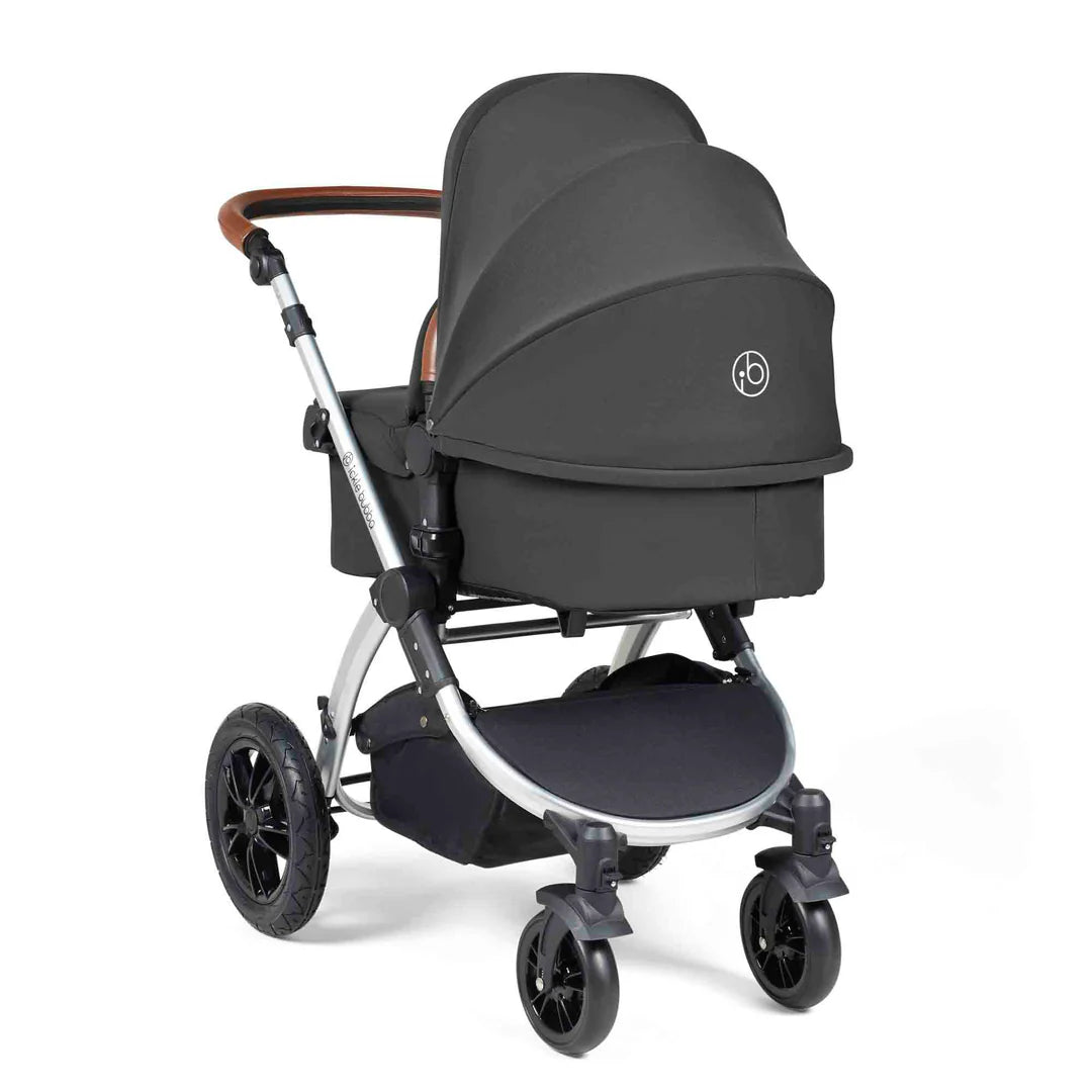 Ickle Bubba Stomp Luxe 12 Piece Travel System with i-Size Nimbus 180° Spin Car Seat & ISOFIX Base Charcoal Grey on Silver
