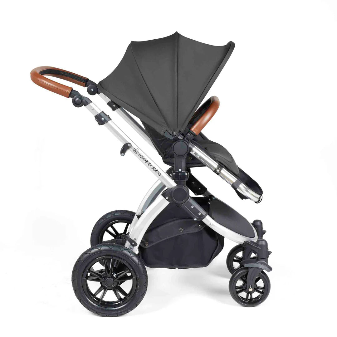 Ickle Bubba Stomp Luxe 12 Piece Travel System with i-Size Nimbus 180° Spin Car Seat & ISOFIX Base Charcoal Grey on Silver