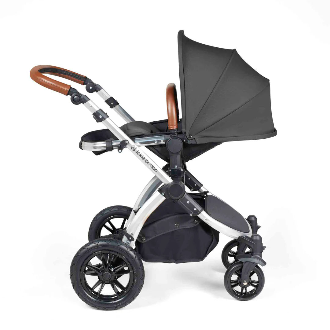 Ickle Bubba Stomp Luxe 12 Piece Travel System with i-Size Nimbus 180° Spin Car Seat & ISOFIX Base Charcoal Grey on Silver