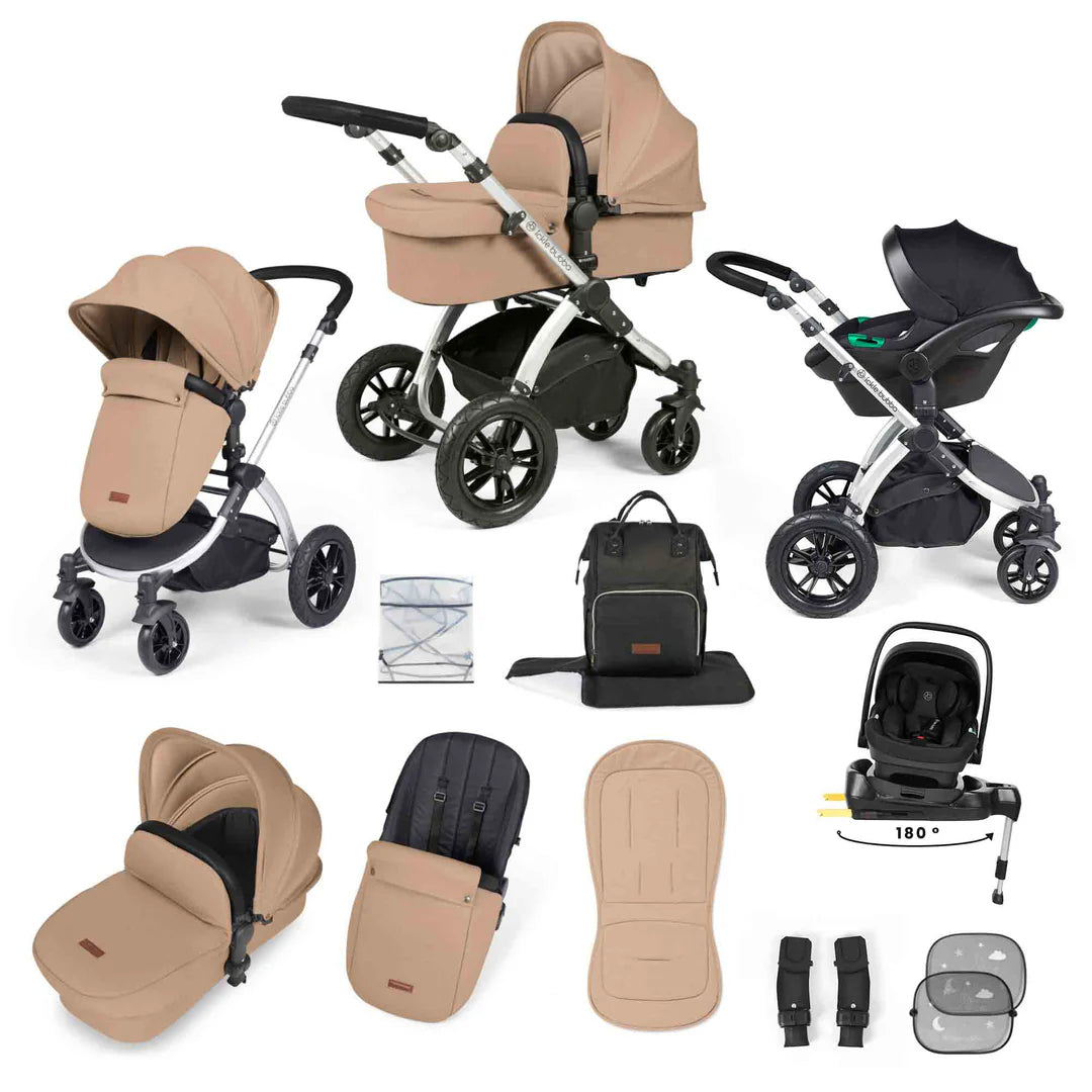 Ickle Bubba Stomp Luxe 12 Piece Travel System with i-Size Nimbus 180° Spin Car Seat & ISOFIX Base Desert on Sliver
