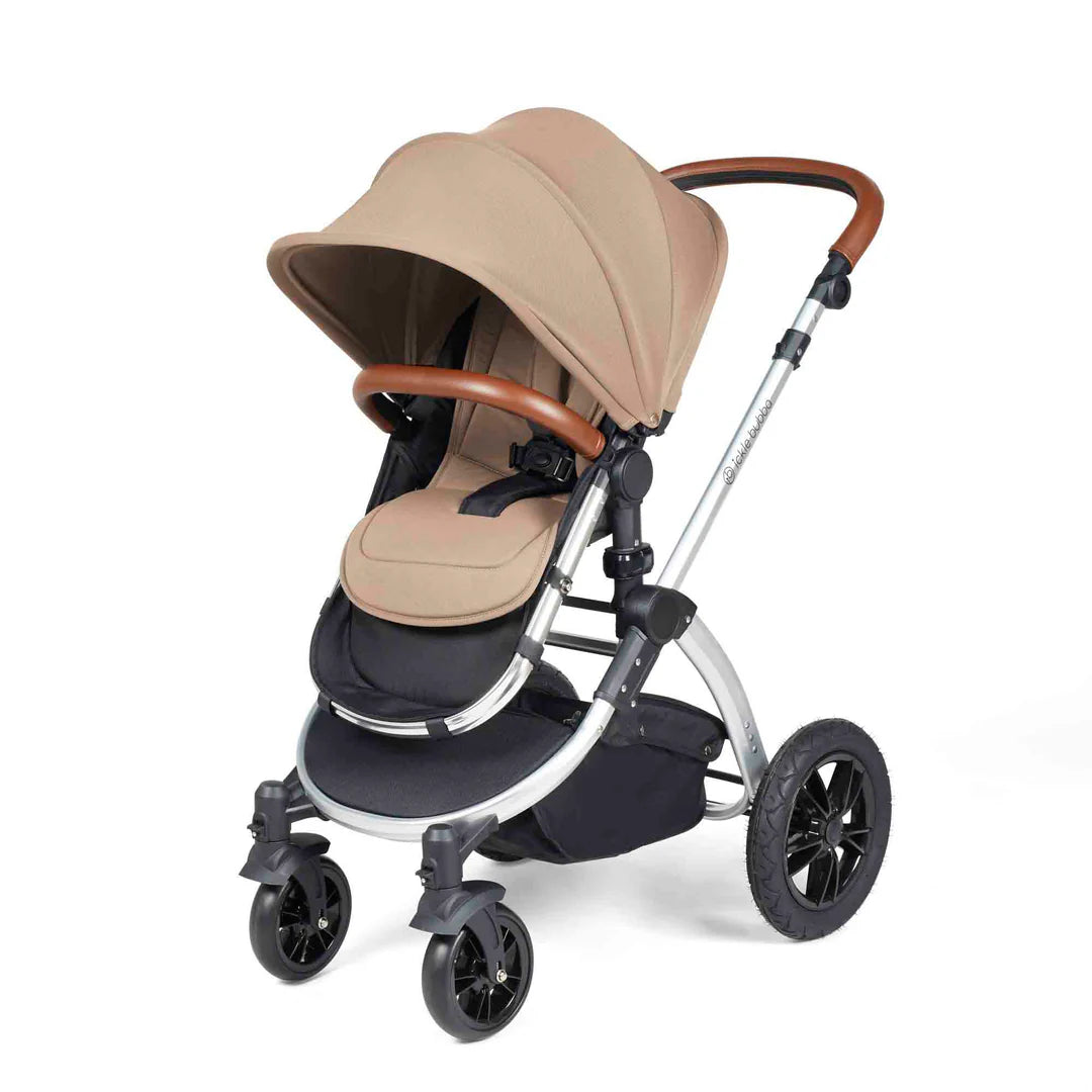Ickle Bubba Stomp Luxe 12 Piece Travel System with i-Size Nimbus 180° Spin Car Seat & ISOFIX Base Desert on Sliver