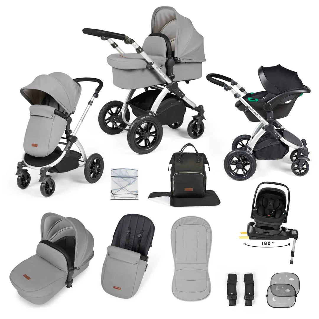 Ickle Bubba Stomp Luxe 12 Piece Travel System with i-Size Nimbus 180° Spin Car Seat & ISOFIX Base Pearl Grey on Silver