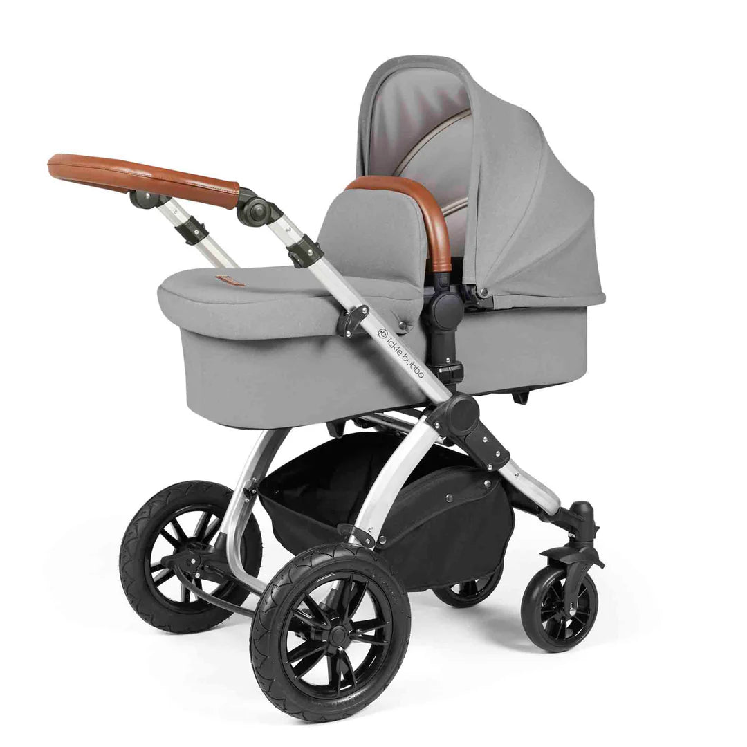 Ickle Bubba Stomp Luxe 12 Piece Travel System with i-Size Nimbus 180° Spin Car Seat & ISOFIX Base Pearl Grey on Silver